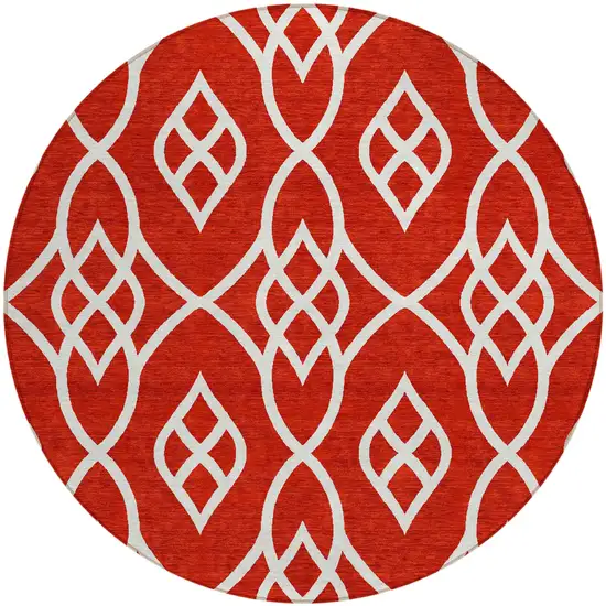 8' Red And Ivory Round Trellis Washable Indoor Outdoor Area Rug Photo 2