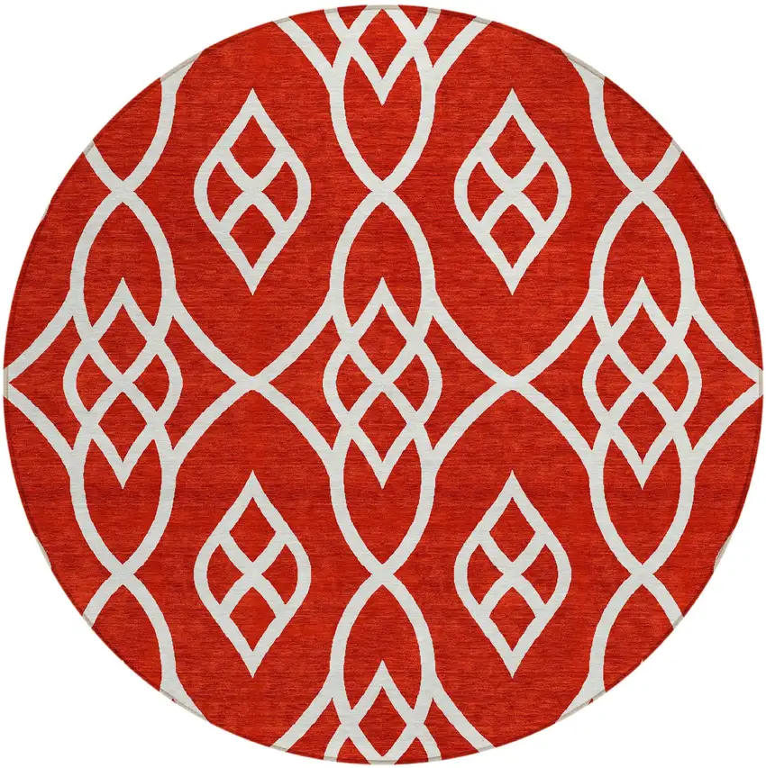 8' Red And Ivory Round Trellis Washable Indoor Outdoor Area Rug Photo 2