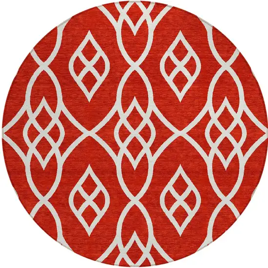8' Red And Ivory Round Trellis Washable Indoor Outdoor Area Rug Photo 4