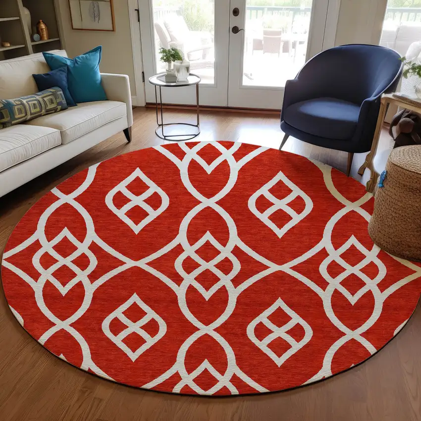 8' Red And Ivory Round Trellis Washable Indoor Outdoor Area Rug Photo 7