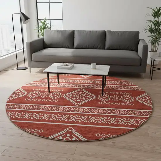 8' Red And Ivory Southwestern Washable Round Rug With UV Protection Photo 2