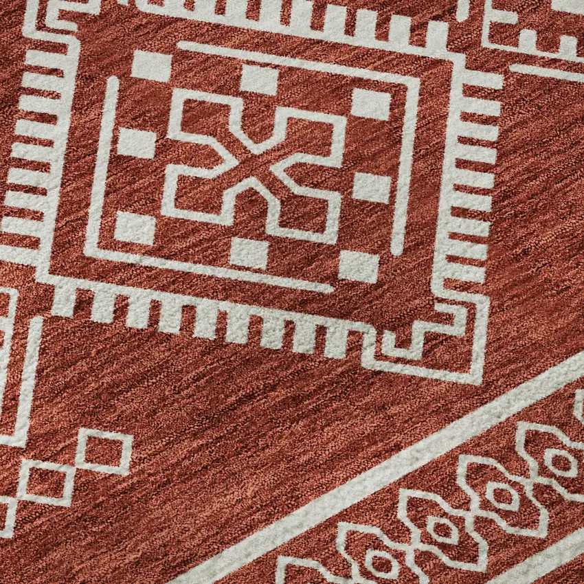 8' Red And Ivory Southwestern Washable Round Rug With UV Protection Photo 9