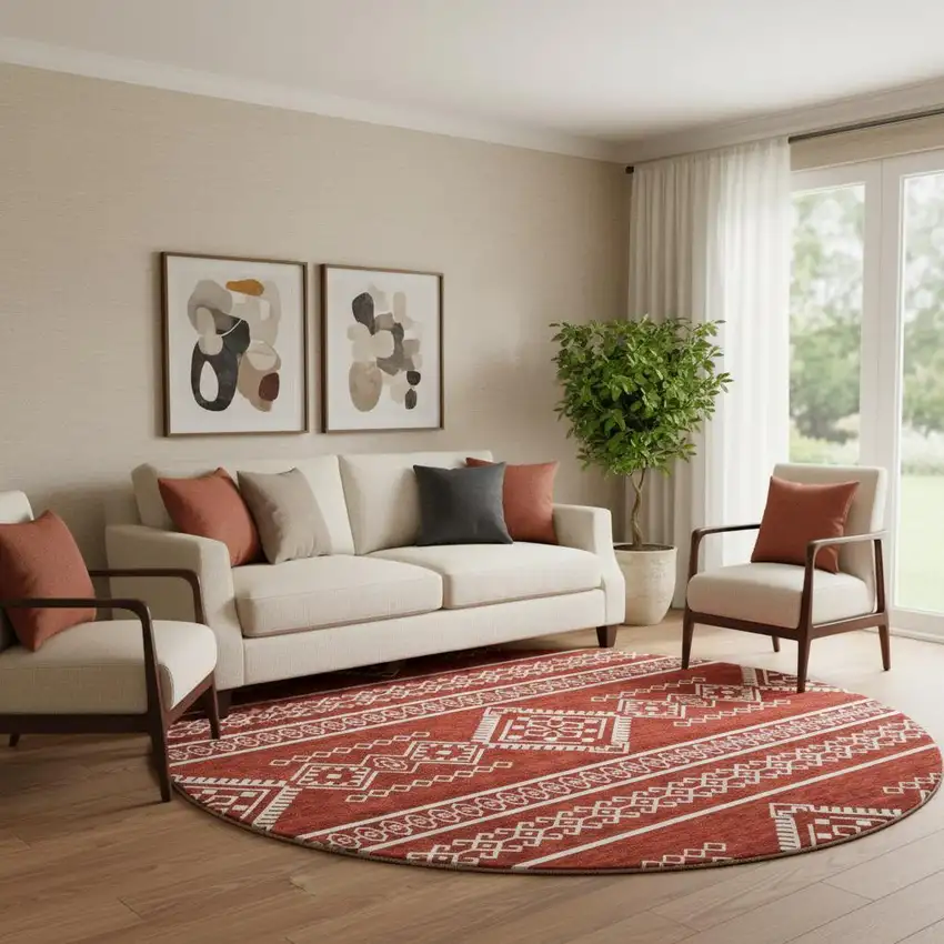 8' Red And Ivory Southwestern Washable Round Rug With UV Protection Photo 1