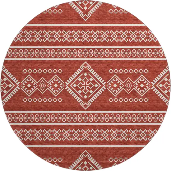 8' Red And Ivory Southwestern Washable Round Rug With UV Protection Photo 1
