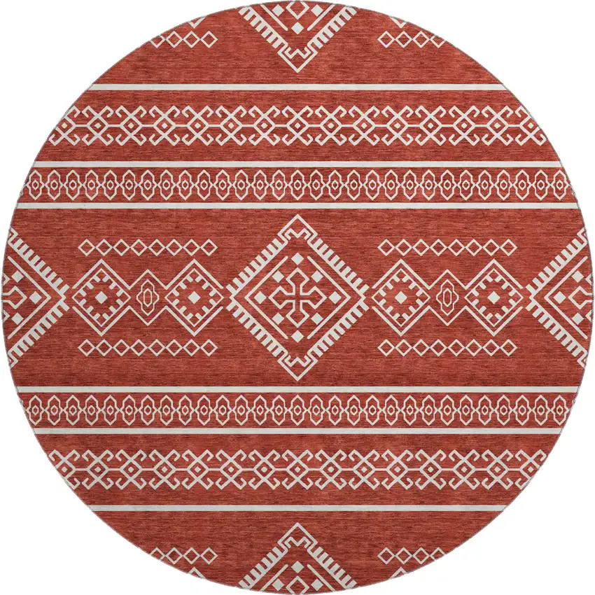 8' Red And Ivory Southwestern Washable Round Rug With UV Protection Photo 1