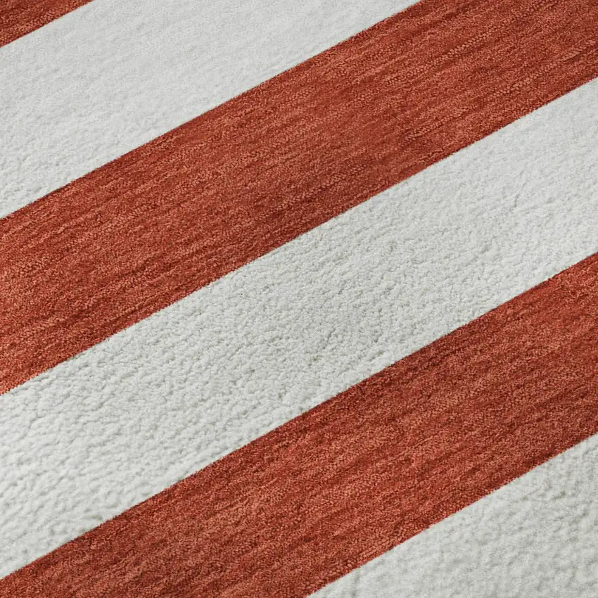 8' Red And Ivory Striped Washable Round Rug With UV Protection Photo 8