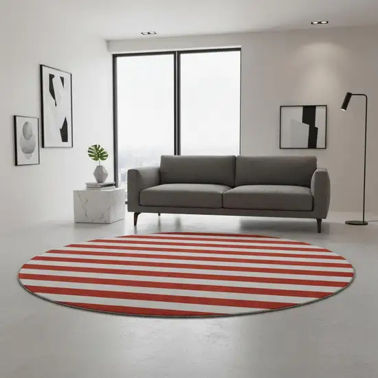 8' Red And Ivory Striped Washable Round Rug With UV Protection Photo 2