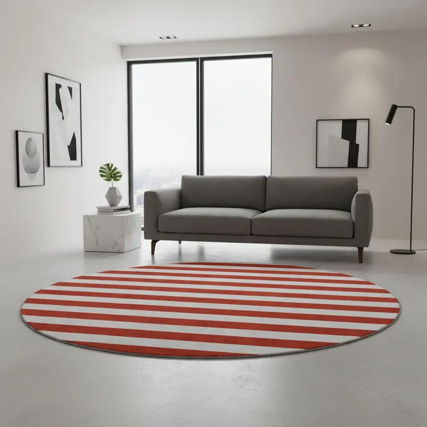 8' Red And Ivory Striped Washable Round Rug With UV Protection Photo 2