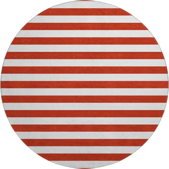 8' Red And Ivory Striped Washable Round Rug With UV Protection Photo 1