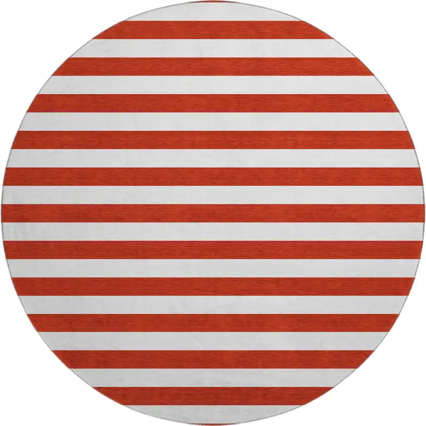 8' Red And Ivory Striped Washable Round Rug With UV Protection Photo 1