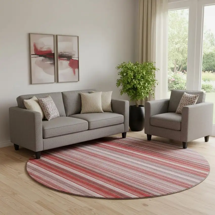 8' Red And Ivory Striped Washable Round Rug With UV Protection Photo 1