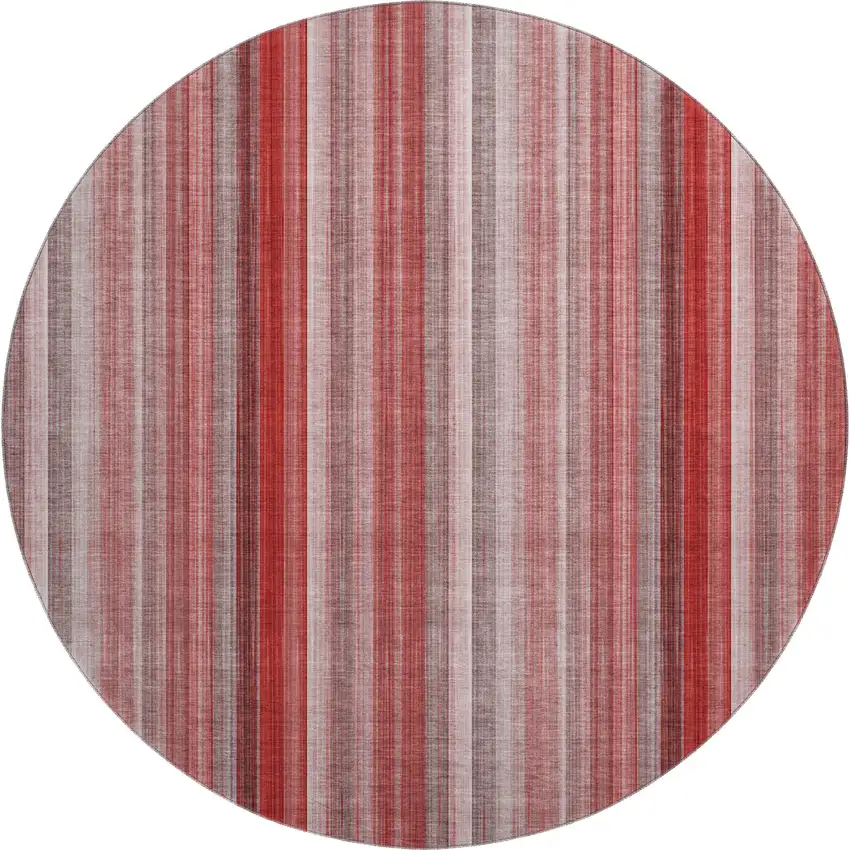 8' Red And Ivory Striped Washable Round Rug With UV Protection Photo 1