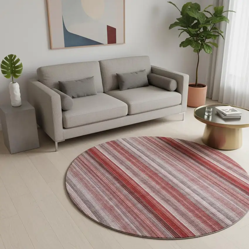 8' Red And Ivory Striped Washable Round Rug With UV Protection Photo 2