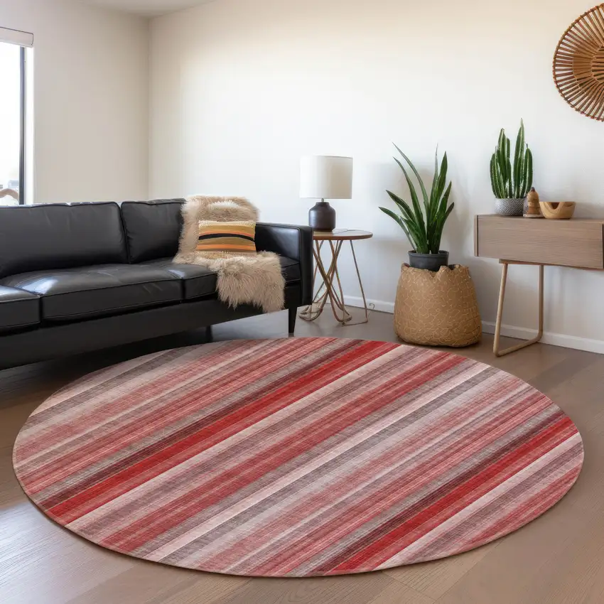 8' Red And Ivory Striped Washable Round Rug With UV Protection Photo 5