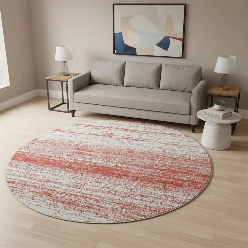 8' Red And Ivory Striped Washable Round Rug With UV Protection Photo 2