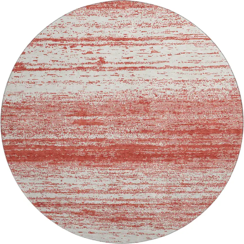 8' Red And Ivory Striped Washable Round Rug With UV Protection Photo 1