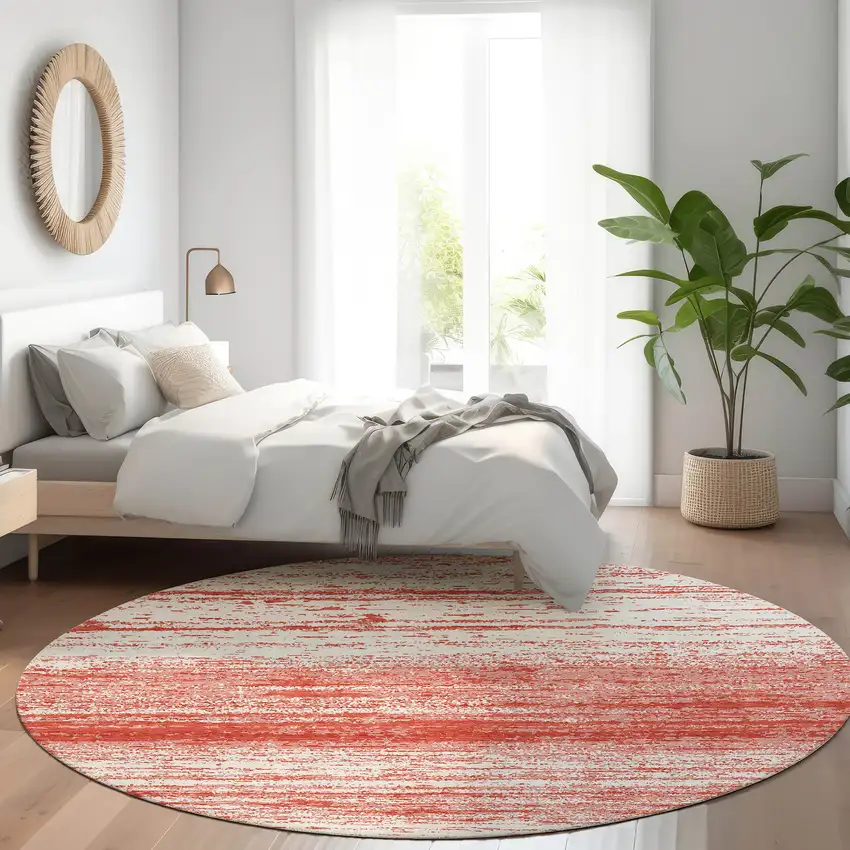 8' Red And Ivory Striped Washable Round Rug With UV Protection Photo 5