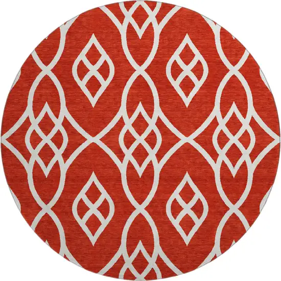 8' Red And Ivory Trellis Washable Round Rug With UV Protection Photo 1