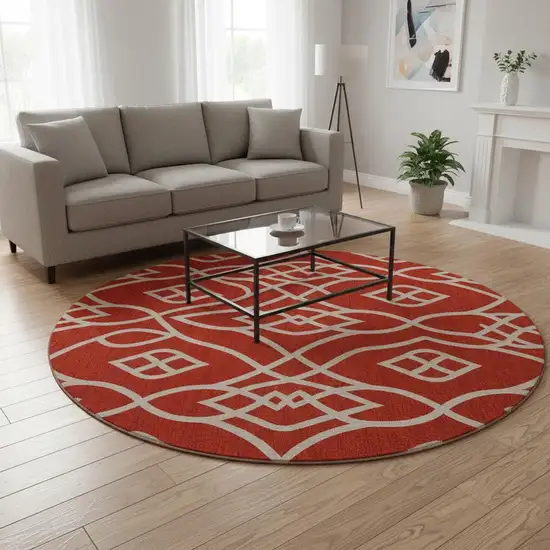 8' Red And Ivory Trellis Washable Round Rug With UV Protection Photo 2