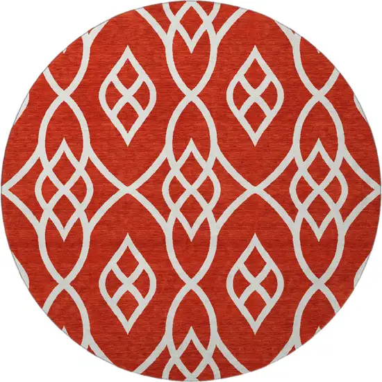 8' Red And Ivory Trellis Washable Round Rug With UV Protection Photo 4