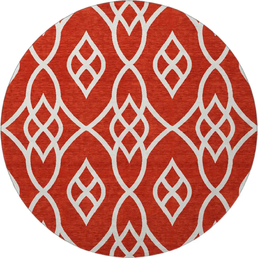 8' Red And Ivory Trellis Washable Round Rug With UV Protection Photo 4