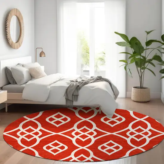 8' Red And Ivory Trellis Washable Round Rug With UV Protection Photo 5
