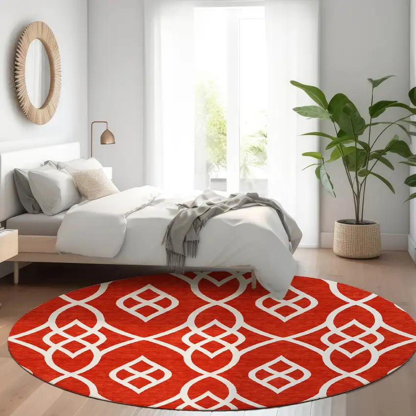 8' Red And Ivory Trellis Washable Round Rug With UV Protection Photo 5