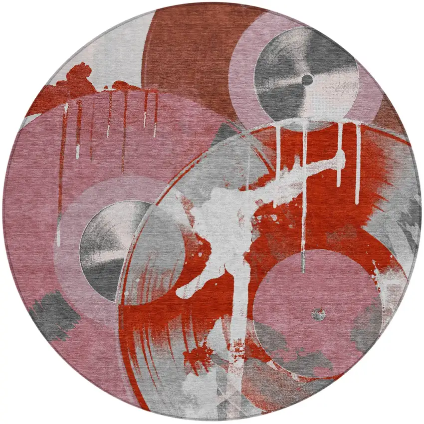 8' Red And Mauve Round Geometric Washable Indoor Outdoor Area Rug Photo 4