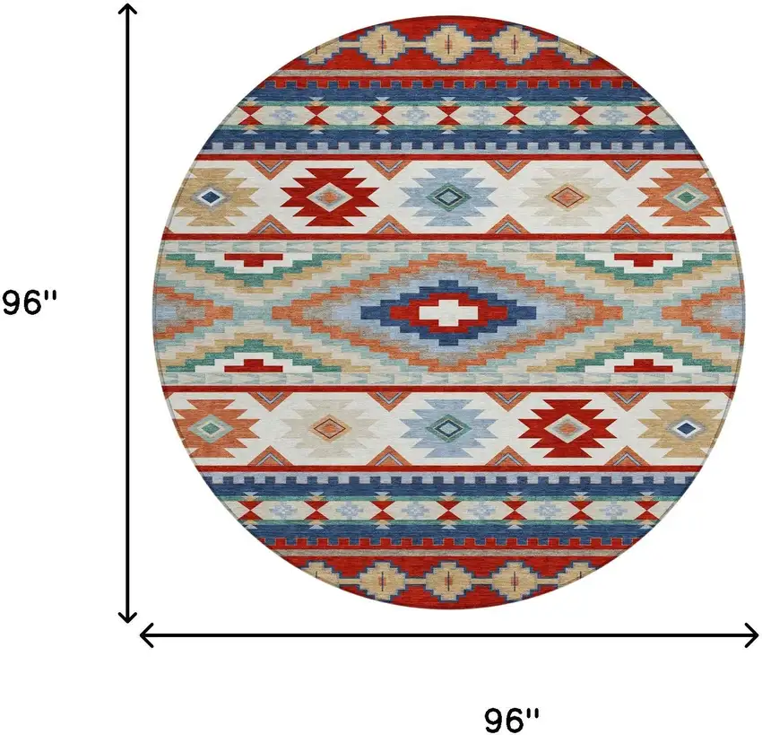 8' Red And Navy Blue Round Southwestern Washable Indoor Outdoor Area Rug Photo 8