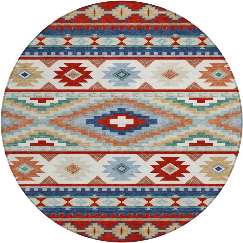 8' Red And Navy Blue Round Southwestern Washable Indoor Outdoor Area Rug Photo 1
