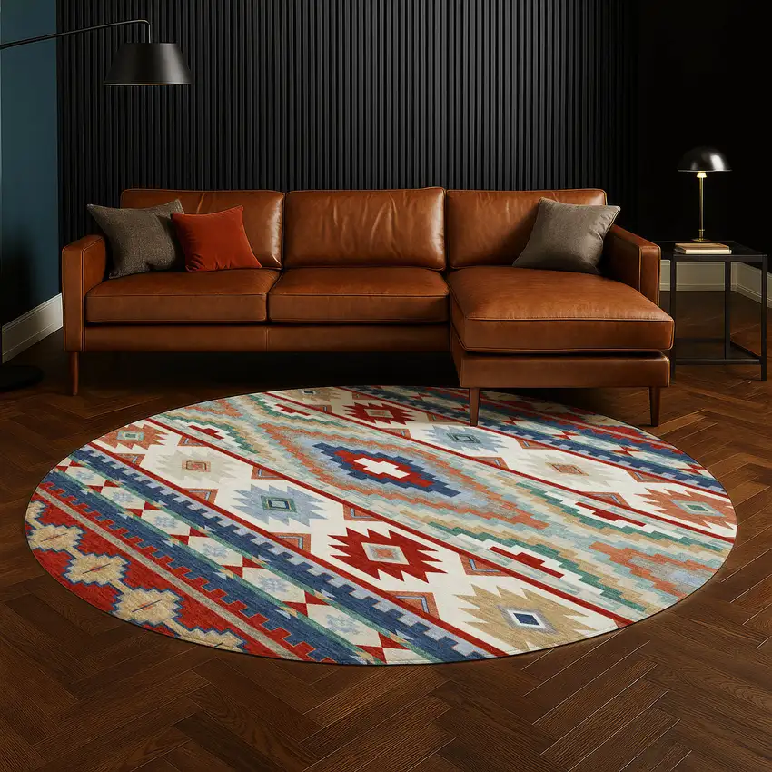 8' Red And Navy Blue Round Southwestern Washable Indoor Outdoor Area Rug Photo 5