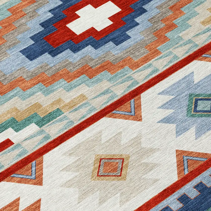 8' Red And Navy Blue Round Southwestern Washable Indoor Outdoor Area Rug Photo 7