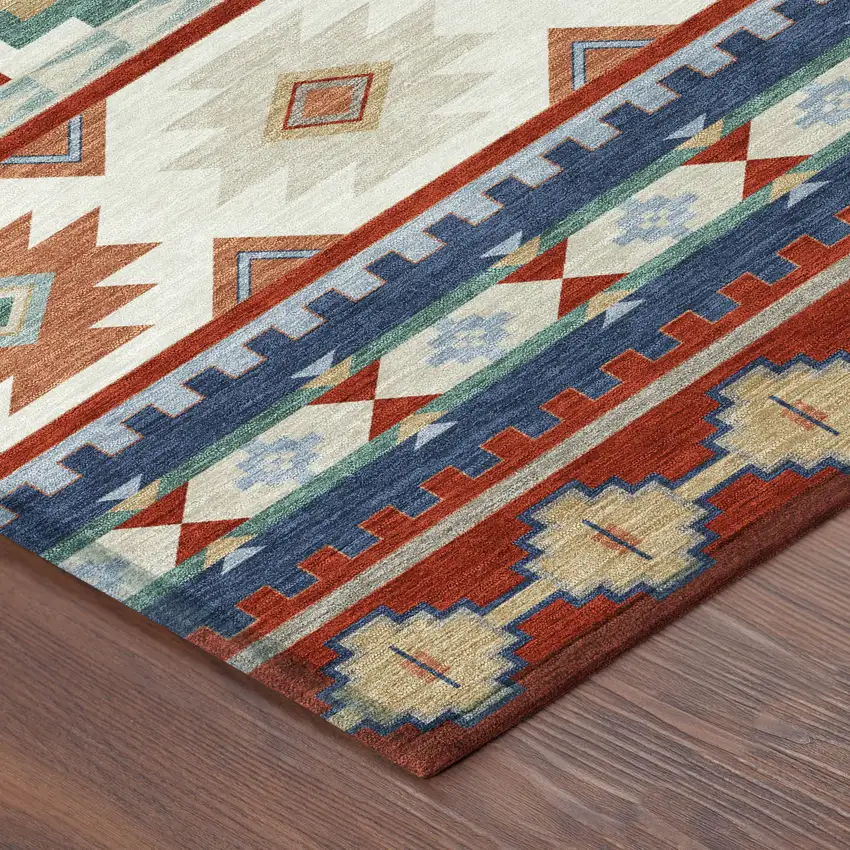 8' Red And Navy Blue Round Southwestern Washable Indoor Outdoor Area Rug Photo 6