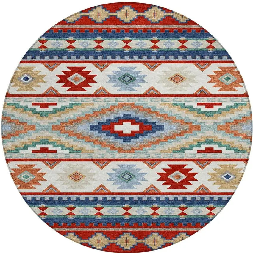 8' Red And Navy Blue Round Southwestern Washable Indoor Outdoor Area Rug Photo 3
