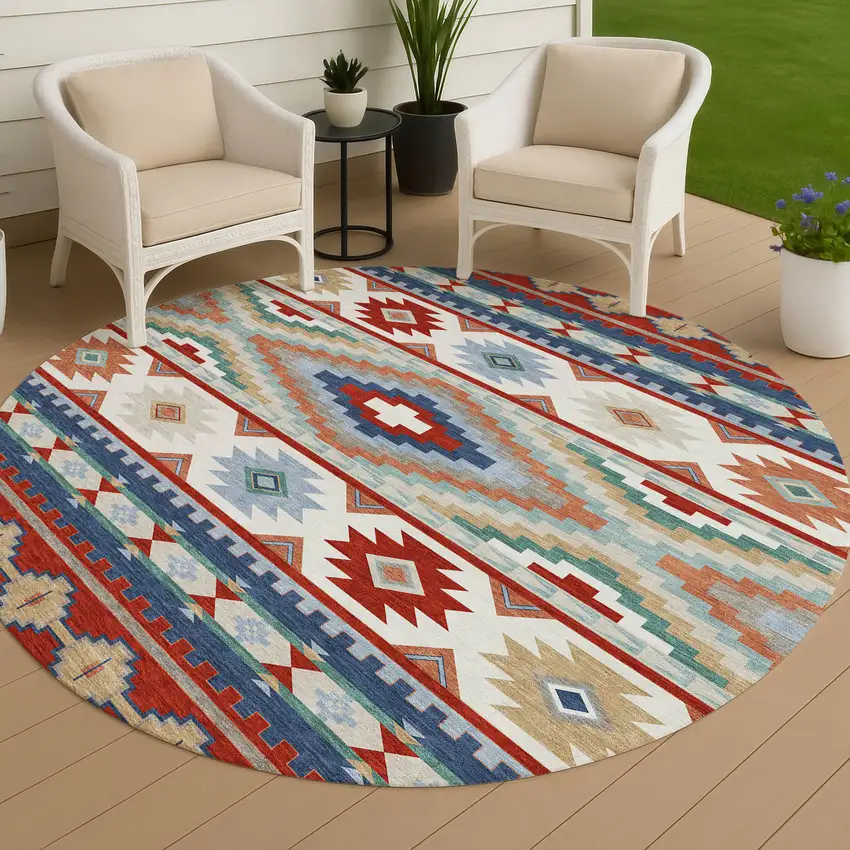 8' Red And Navy Blue Round Southwestern Washable Indoor Outdoor Area Rug Photo 4