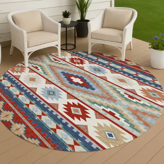 8' Red And Navy Blue Round Southwestern Washable Indoor Outdoor Area Rug Photo 4