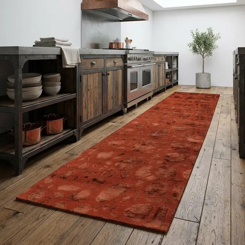 8' Red And Orange Animal Print Hand Knotted Area Rug Photo 1