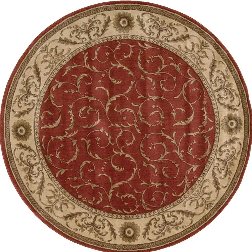 6' Red And Tan Floral Non Skid Round Rug Photo 3