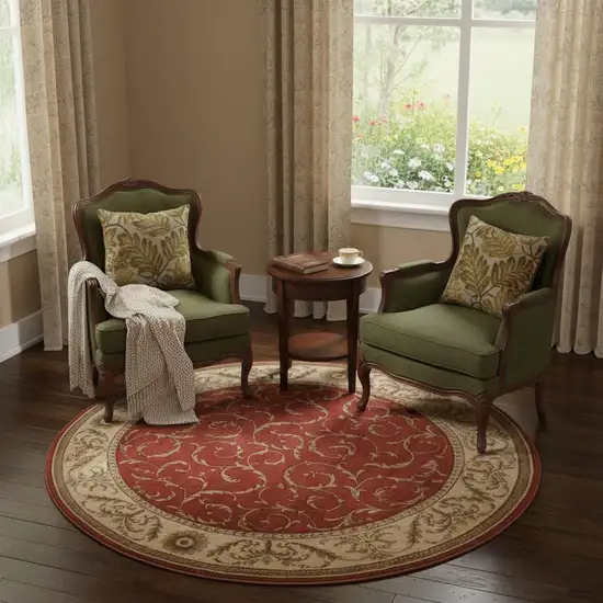 6' Red And Tan Floral Non Skid Round Rug Photo 1