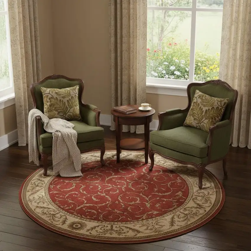 6' Red And Tan Floral Non Skid Round Rug Photo 1