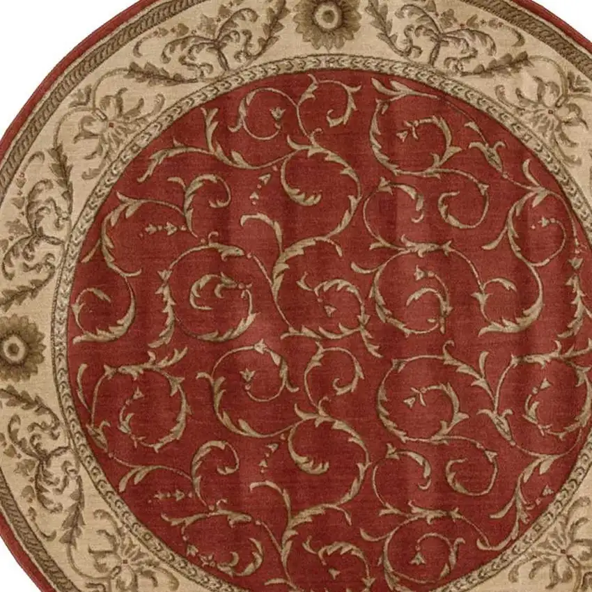 6' Red And Tan Floral Non Skid Round Rug Photo 6