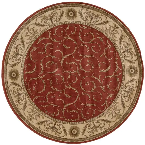 6' Red And Tan Floral Non Skid Round Rug Photo 2