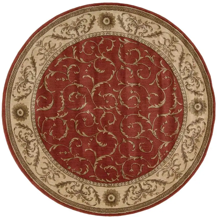6' Red And Tan Floral Non Skid Round Rug Photo 2