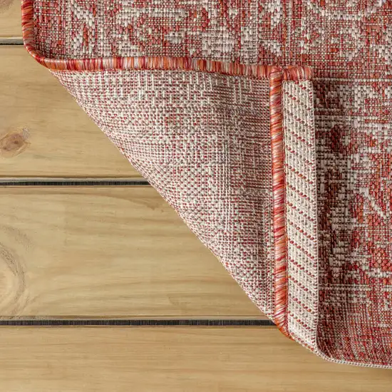 8' Red And Taupe Medallion Indoor Outdoor Runner Rug Photo 8