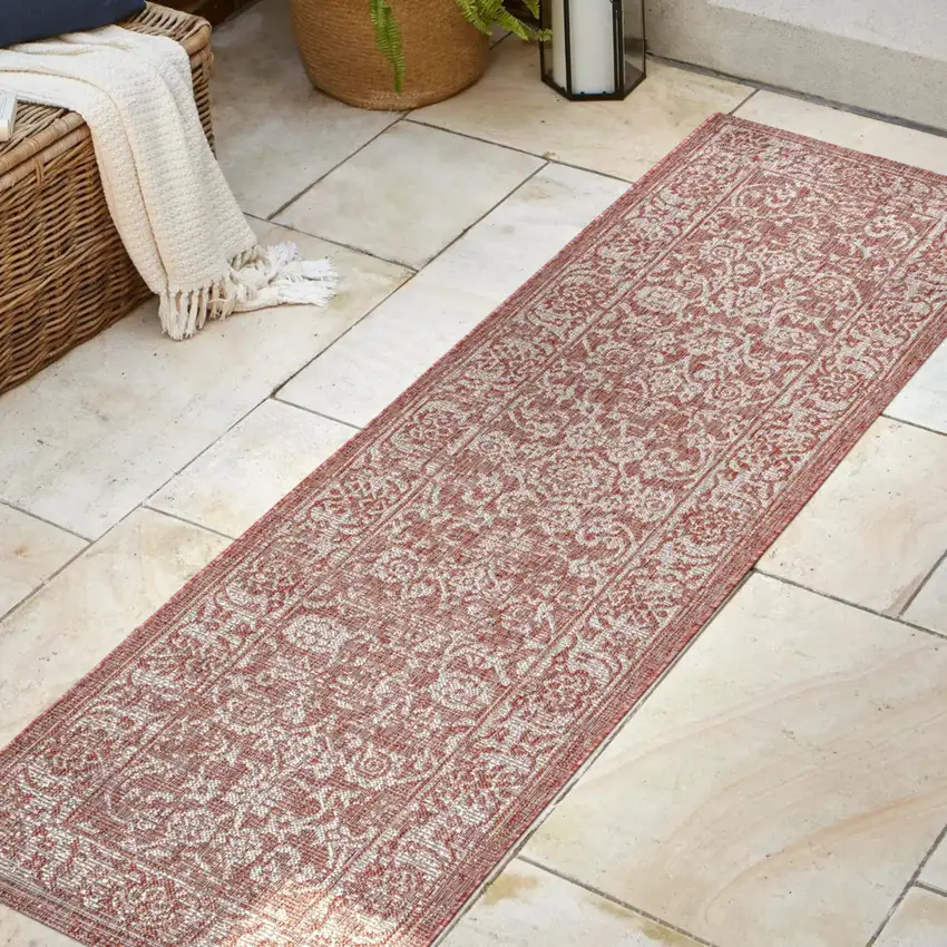 8' Red And Taupe Medallion Indoor Outdoor Runner Rug Photo 3