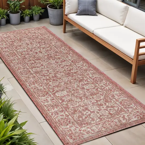 8' Red And Taupe Medallion Indoor Outdoor Runner Rug Photo 1