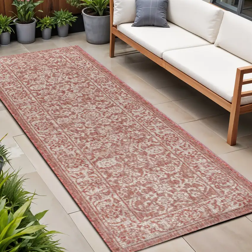 8' Red And Taupe Medallion Indoor Outdoor Runner Rug Photo 1