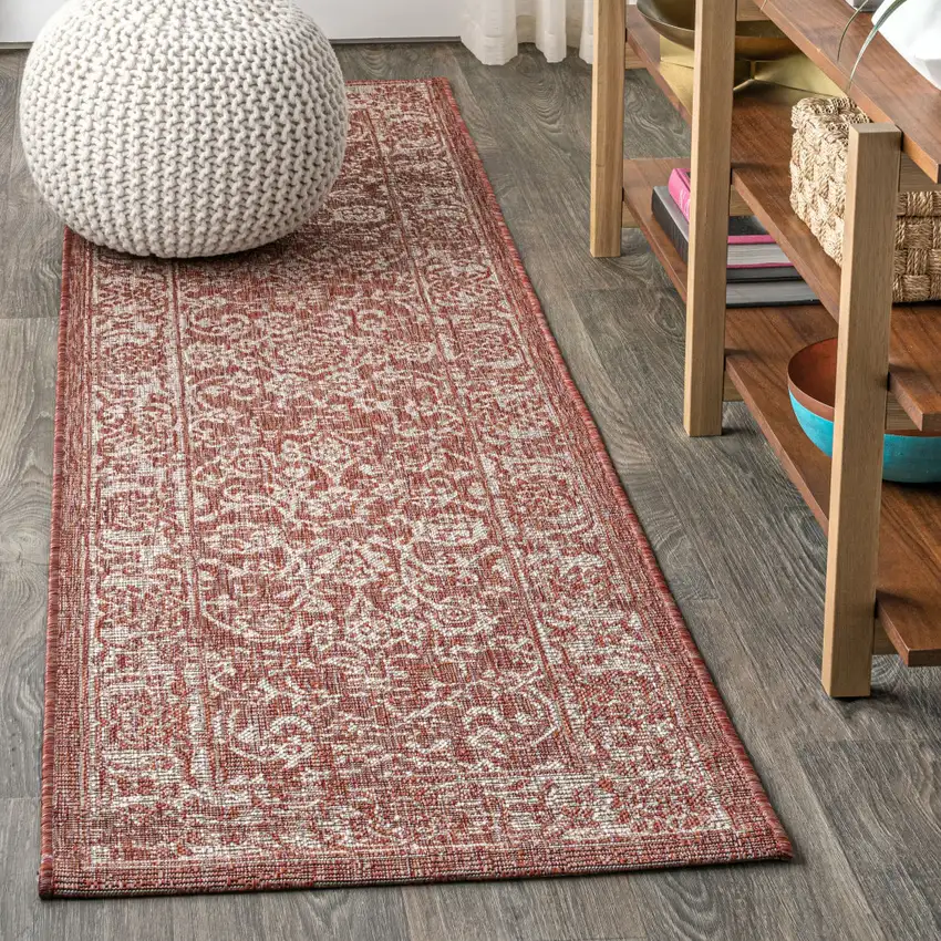 8' Red And Taupe Medallion Indoor Outdoor Runner Rug Photo 2