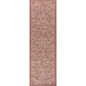 Photo of 8' Red And Taupe Medallion Indoor Outdoor Runner Rug