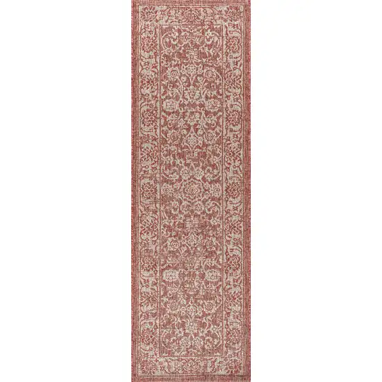 8' Red And Taupe Medallion Indoor Outdoor Runner Rug Photo 1